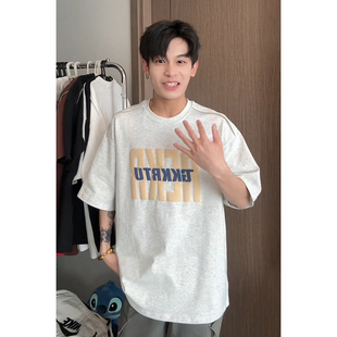 白花灰发泡印花短袖t恤男生少年感穿搭高克重磅硬挺正肩情侣半袖