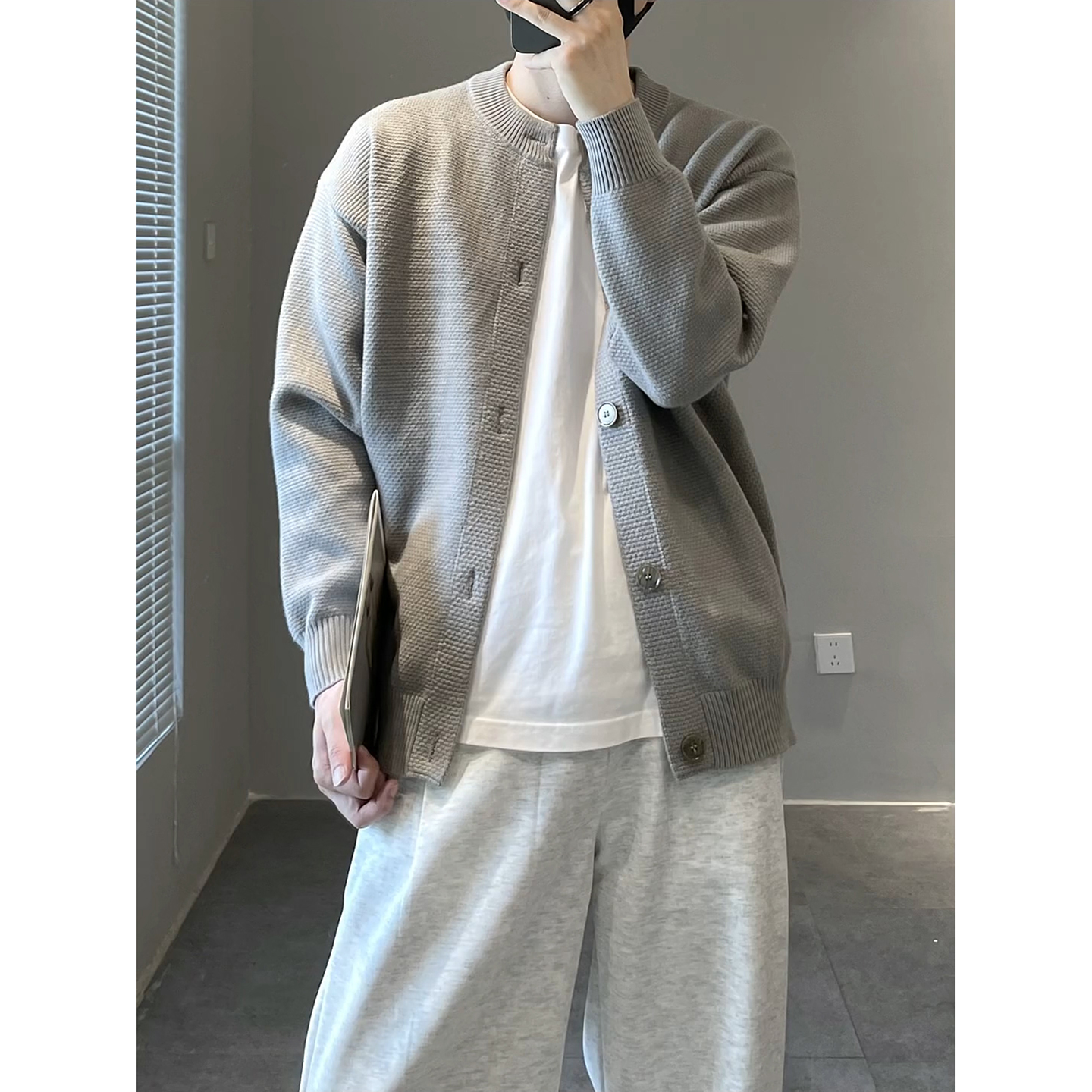 cleanfit灰色毛衣开衫男痞帅高级感针织外套秋季韩版修身圆领线衫