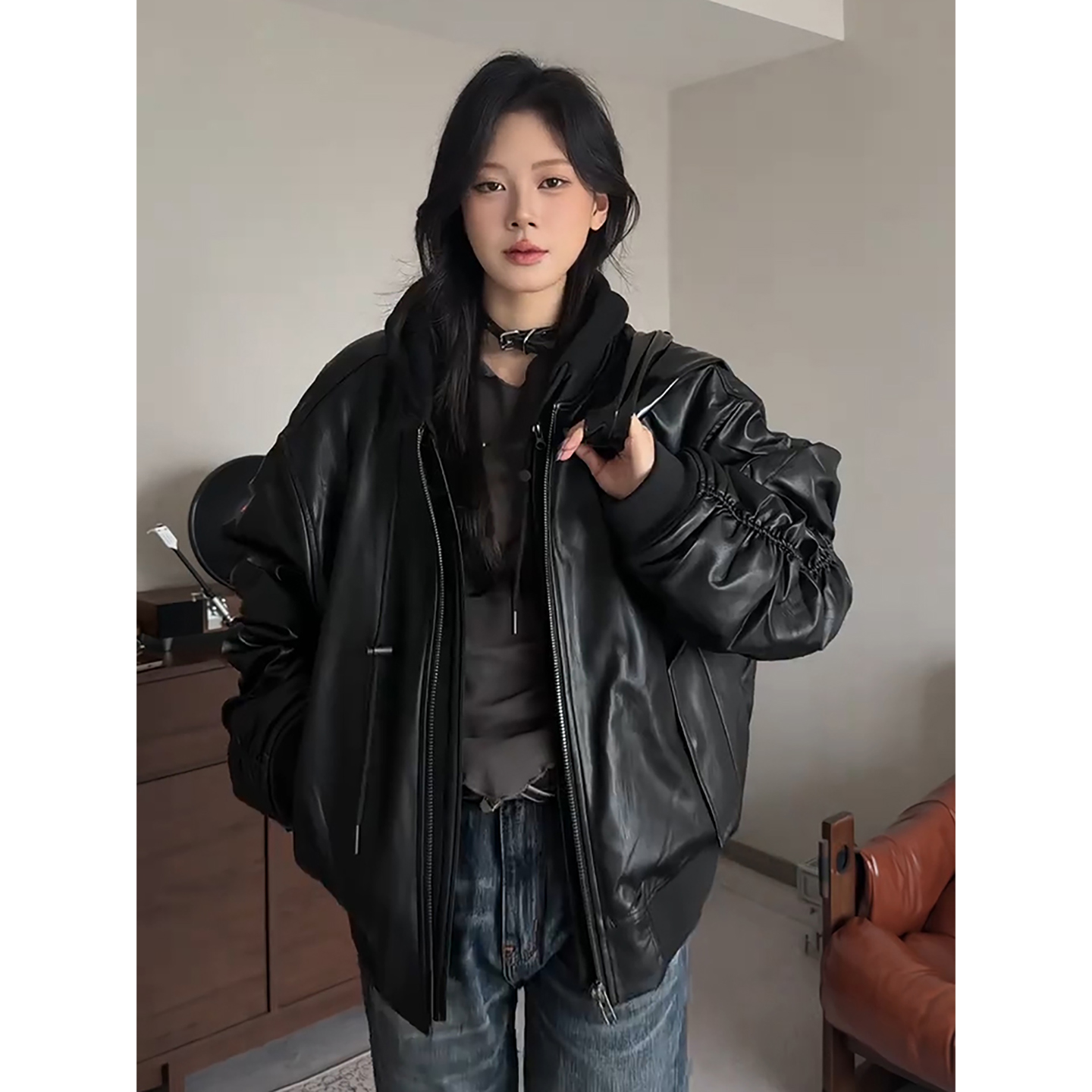 黑色假两件连帽pu皮衣棉服男冬季加厚保暖棉衣设计感机车骑行夹克