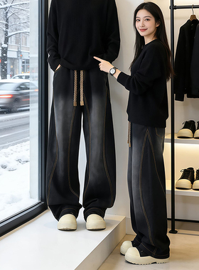 黑灰色斜切弯刀牛仔裤男款春季高街休闲裤子美式cleanfit直筒长裤