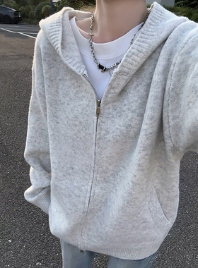 花灰色拉链开衫毛衣男女春季慵懒风连帽外套高级感宽松百搭针织衫