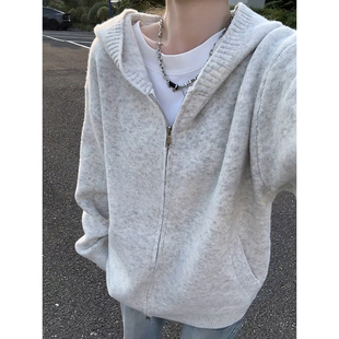 花灰色拉链开衫毛衣男女春季慵懒风连帽外套高级感宽松百搭针织衫