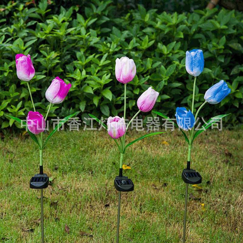 新款太阳能3led郁金香花灯仿真花地插灯 太阳能花园草坪灯庭院灯