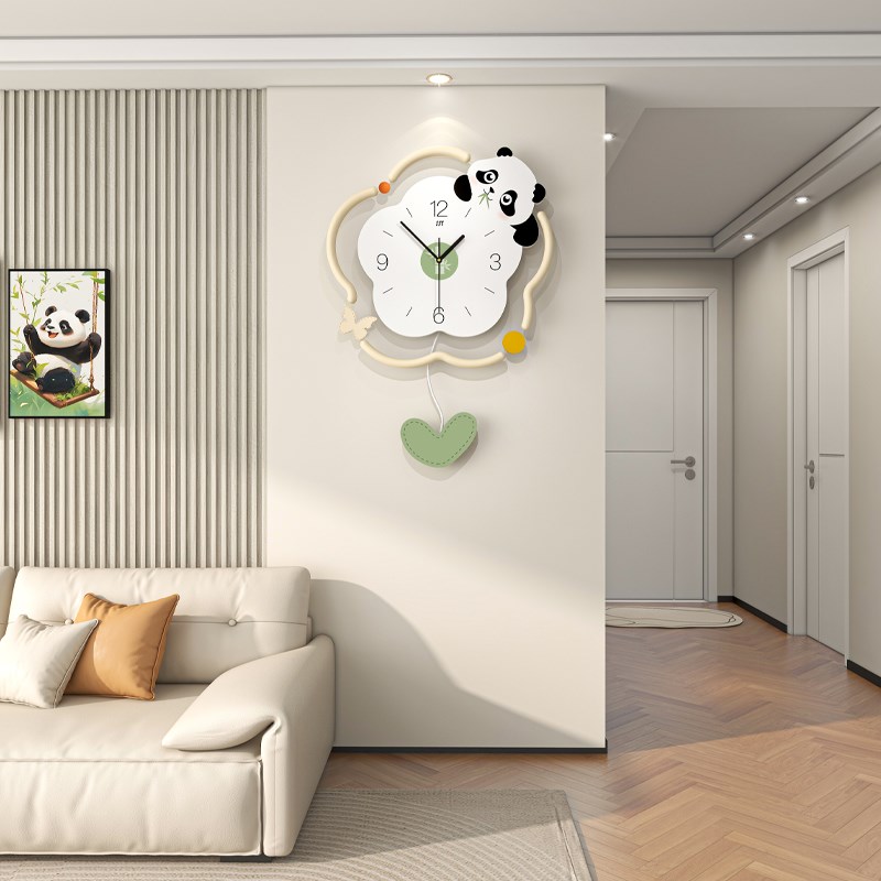 家用挂墙钟表简约现代奶油风v花朵熊猫静音时钟高级感创意客厅挂