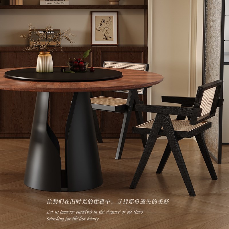 胡桃木纹实木圆形餐桌椅组合x家用中古风小户型法式复古圆桌带转