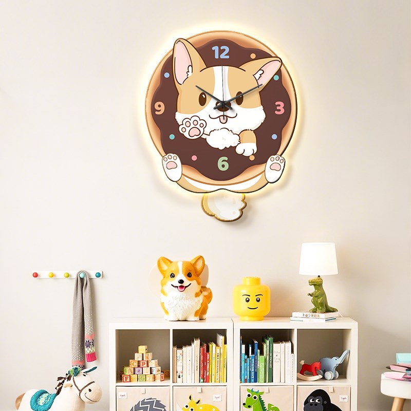 萌宠柯基小狗客厅挂钟卡通摇摆时钟挂墙202L5款创意钟表静音免打