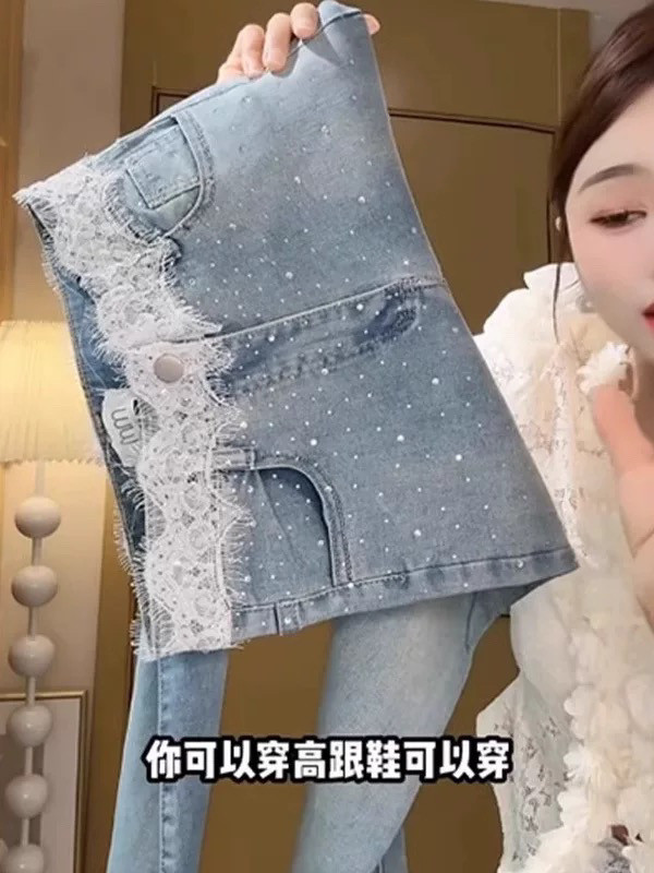 新中式蕾丝钉珠微喇牛仔裤女春秋牛仔裤