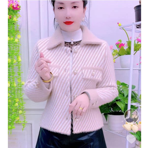 撞色小香风仿水貂绒外套女202短外套