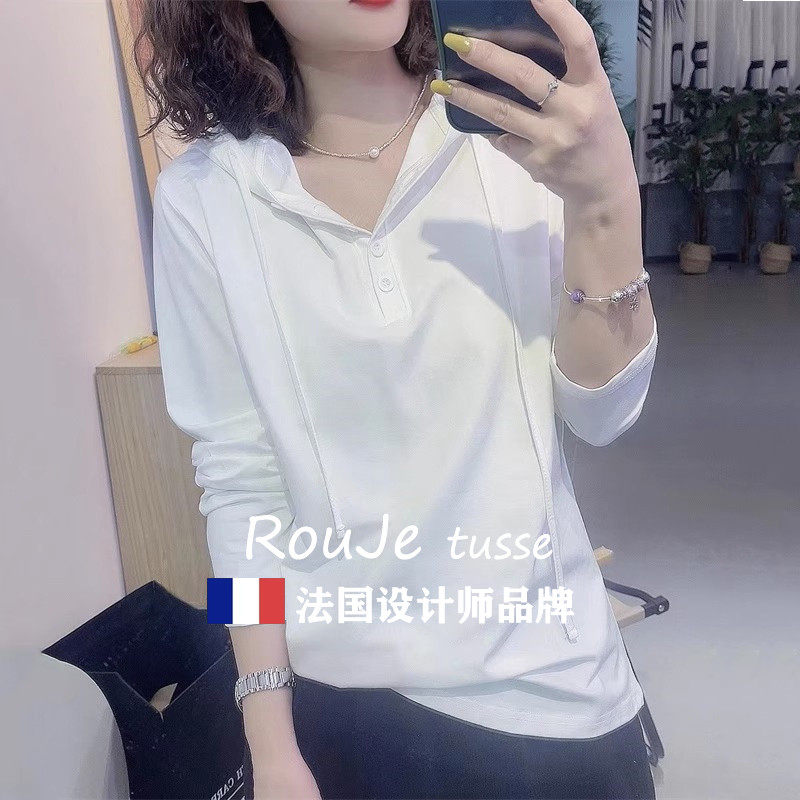 白色连帽长袖t恤女短款2025秋季新款韩版宽松显瘦内搭打底衫上衣