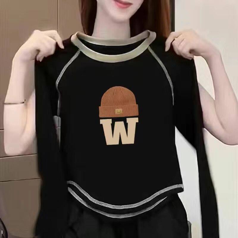 撞色纯棉长袖T恤女秋冬2025欧货小衫爆款修身内搭打底衫短款上衣