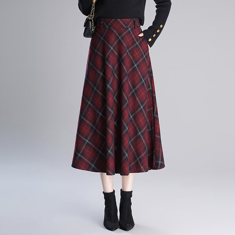 毛呢红色格纹半身裙女2025秋冬季学院风高腰a字裙中长款显瘦伞裙
