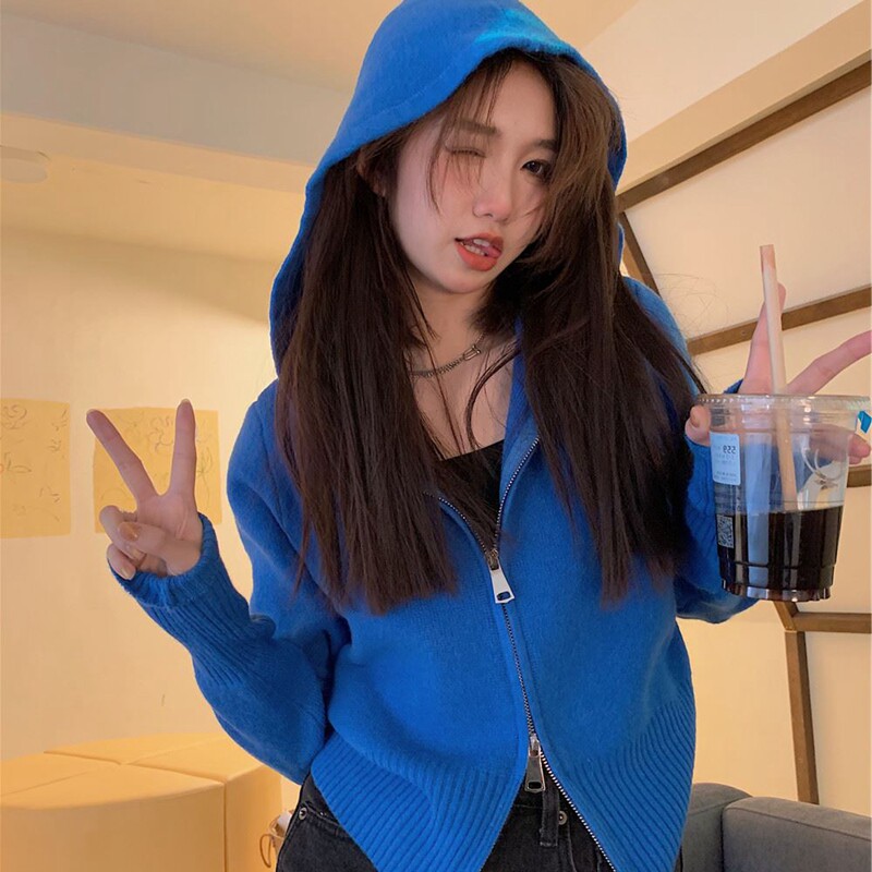 法国克莱因蓝卫衣女短款羊毛针织开衫连帽拉链毛衣秋