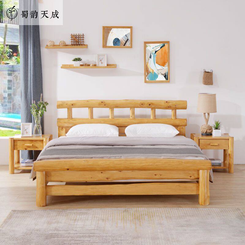北欧全实木双人床1.8米硬板床柏木原木床1.2米民宿家具原生态旅店