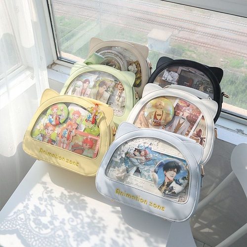 日本品质日系透明手提斜跨百搭日常小食量痛包女扎吧唧学院猫头痛