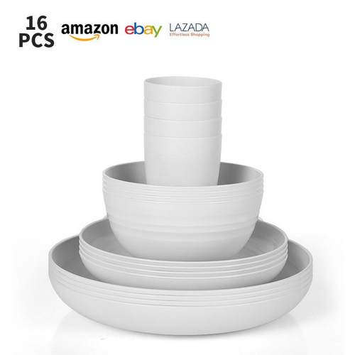 热销款白色小麦秸秆PP餐盘汤碗水杯家用户外盘碗杯餐具套装