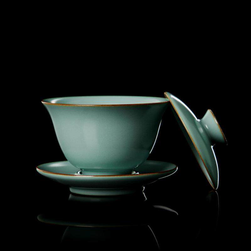 宋朴汝窑汝瓷盖碗茶杯单个陶瓷三才泡茶碗开片可养功夫茶具天青