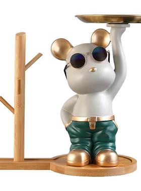 玄关放钥匙收纳置物架装饰挂钩进门口入户熊摆件创意托盘电视柜