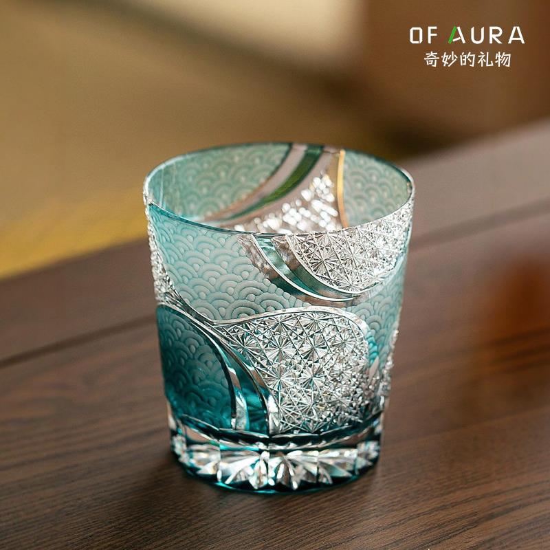 OF AURA江户切子青海波小众轻奢手工雕刻水晶玻璃杯威士忌酒杯