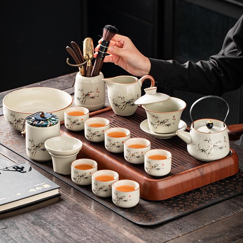 中式功夫茶具套装陶瓷家用办公轻奢高档汝窑提梁茶壶盖碗茶杯茶盘