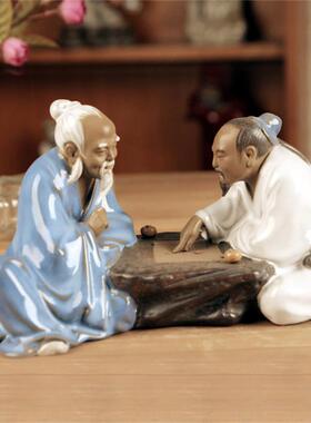 石湾公仔 陶瓷中式客厅电视柜玄关摆件假山盆景人物雕塑 围棋对弈