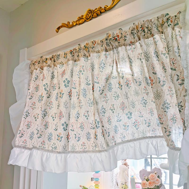 花朵布料帘子遮丑小短帘半遮光帘免打孔女孩卧室门帘半隐私挂帘