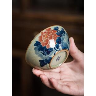 景德镇柴窑青花普洱杯 手绘牡丹老泥茶杯 内外画裂纹釉陶瓷主人杯