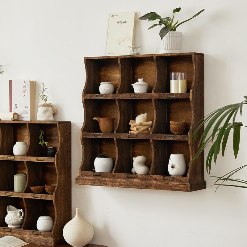 复古做旧实木多宝阁博古架装饰柜可挂墙杯架桌面收纳展示柜小绿植