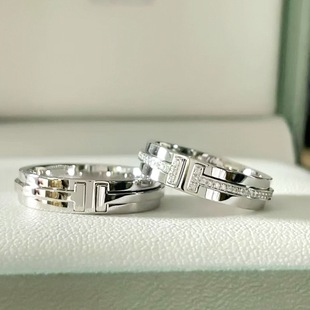 高版本v金T家双T满钻半钻戒指18K玫瑰金轻奢时尚欧美男女情侣对戒