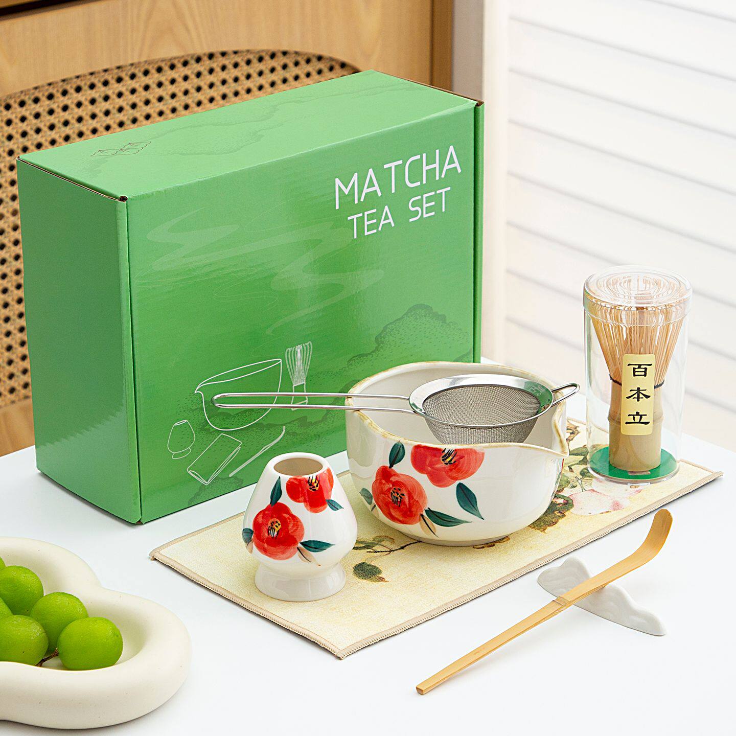 新品跨境爆款手绘陶瓷抹茶碗套装日式点茶茶筅百本立抹茶茶道配件