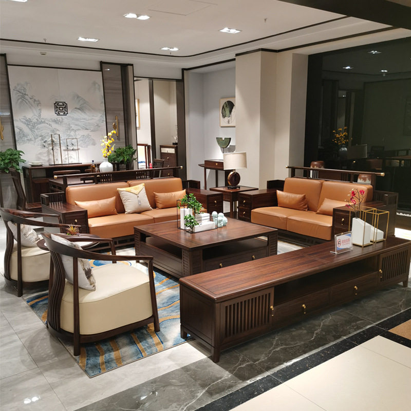 新中式乌金木皮质沙发组合别墅客厅高档黑檀木样板房全屋家具