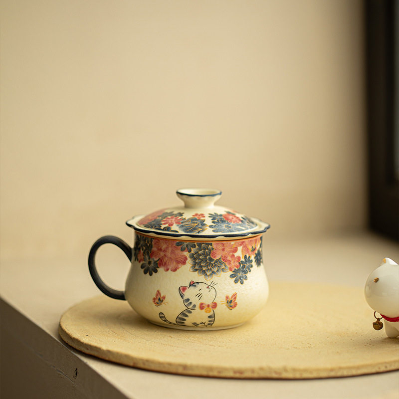 岩矿白手工描金猫咪茶杯咖啡杯办公杯自带茶漏一体陶瓷茶具下午茶