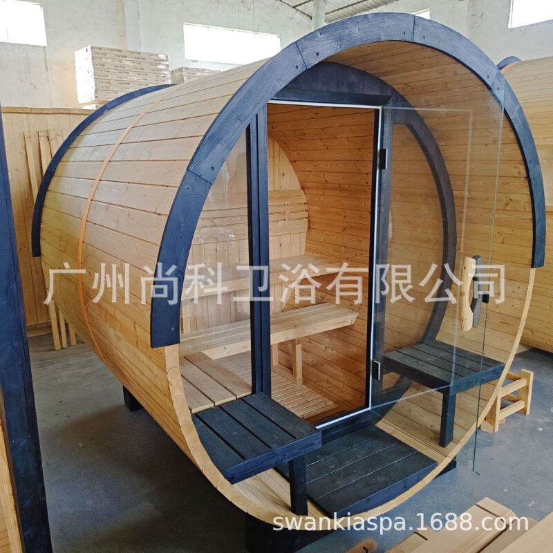 户外红雪松圆桶桑拿房汗蒸室外圆桶汗蒸房哈维亚炉全景视窗沥青瓦