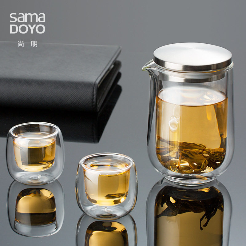 尚明L005旅行用玻璃茶具套装一壶二杯创意旅游户外便携快客杯泡茶