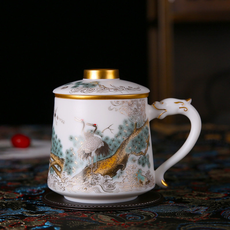 德化羊脂玉白瓷家用水杯带内胆过滤陶瓷茶杯杯茶水分离手绘工艺