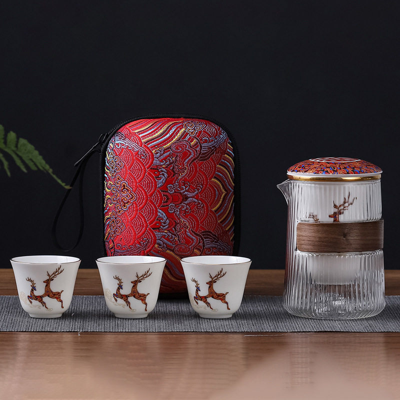 新品户外随身玻璃壶三个快客杯便携包式陶瓷旅行便携茶具套装