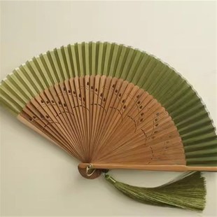 小清新6.6寸女扇草绿色折扇舞蹈汉服扇子纳凉便携小扇子 月亮扇