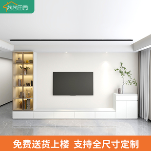 简约落地电视柜一体靠墙组合柜子家用整墙客厅酒柜定制奶油风 新款