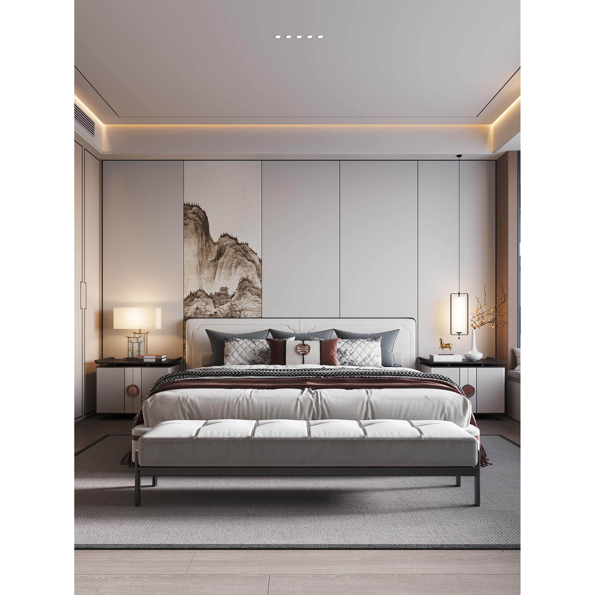 新中式山水画中国风卧室硬包背景墙床头简约灯带定制护墙板包安装
