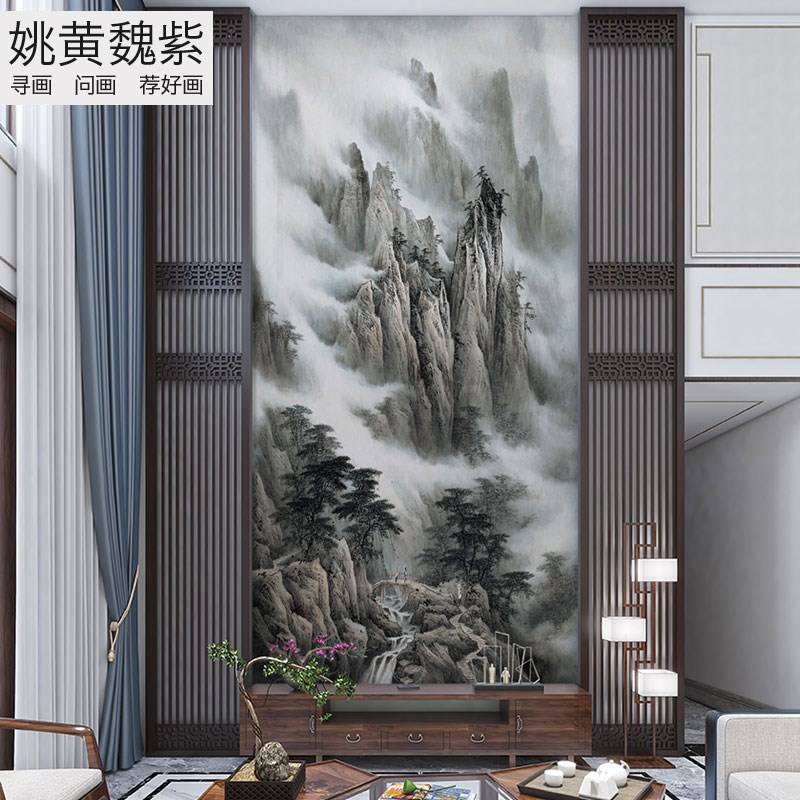 别墅中空背景墙布酒店大堂古画山水大型壁画玄关过道走廊壁布订做