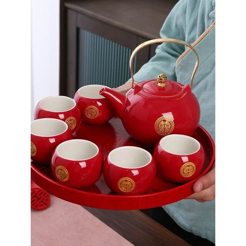 复古景德镇中式订婚红色新娘改口敬茶杯提梁茶壶托盘结婚庆功夫茶