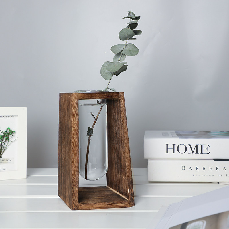 水培玻璃花瓶绿植插花水养绿萝花器简约几何形木架台面装饰小摆件