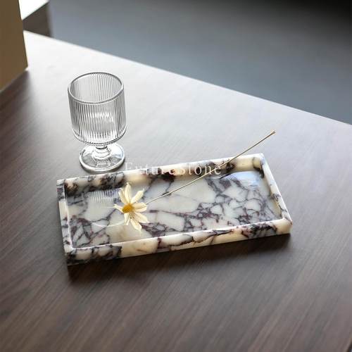 欧式轻奢天然卡紫大理石长方形小托盘香薰蜡烛置物盘酒店装饰摆件