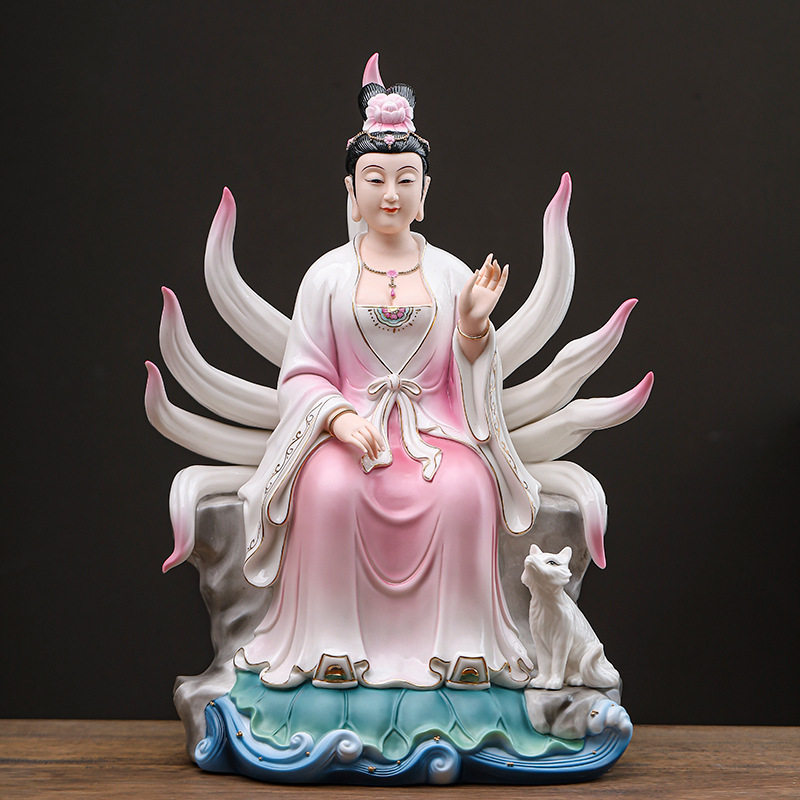 德化陶瓷九尾狐摆件青丘狐狸像九姑娘家用客厅桌面供奉神像工艺品