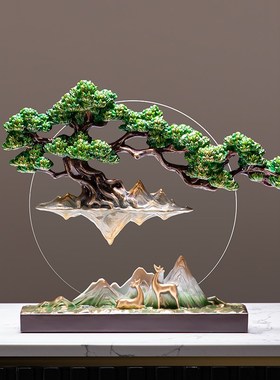 创意悬浮迎客松摆件新中t式办公室玄关装饰品软装高级感乔迁礼物