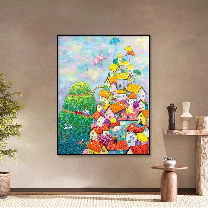 创意彩色房屋建筑风景客厅儿童房装饰画小众艺术治愈玄关摆件挂画