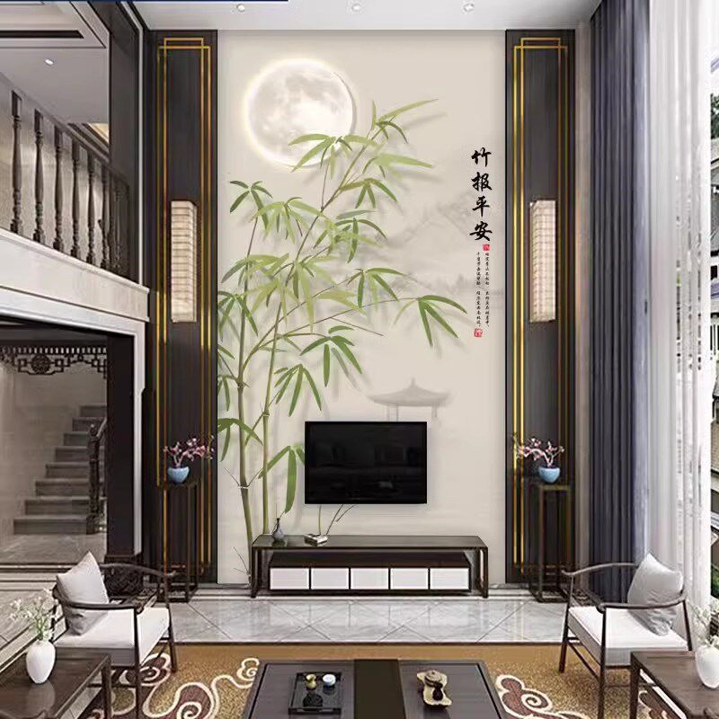 别墅挑高复式楼电视背景墙壁纸中式竹子客厅挑空玄关壁画墙布壁布