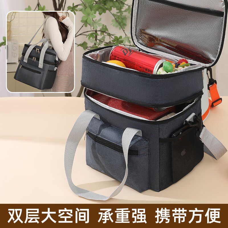 方形大容量双层保温包加厚饭盒袋可斜挎便携野餐冰包上班族午餐包