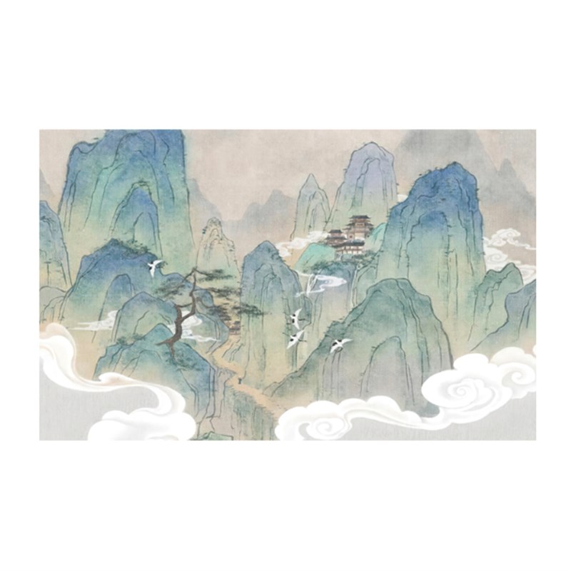 现代简约中式青绿山水松树仙鹤墙布壁纸卧室沙发客厅背景茶室壁画