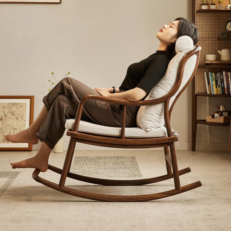 水墨兰亭新中式黑胡桃木摇椅阳台家用懒人沙发休闲椅靠背午休椅