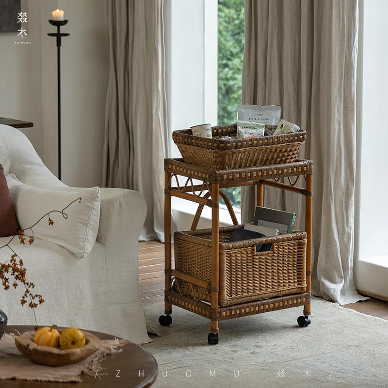 叕木|东南亚藤艺/南洋复古风藤编收纳推车移动边几客厅卧室置物架